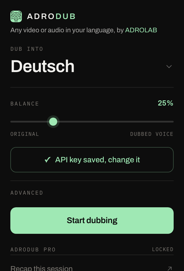 Панель Advanced в adrodub с сохранённым ключом